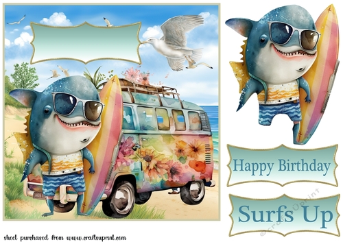 Surfing shark Birthday card front 1