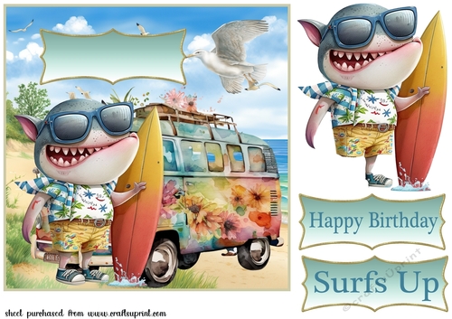 Surfing shark Birthday card front 2