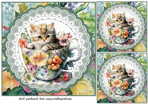 3 Tea cup kitty card fronts/toppers 2
