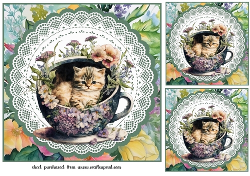 3 Tea cup kitty card fronts/toppers 3