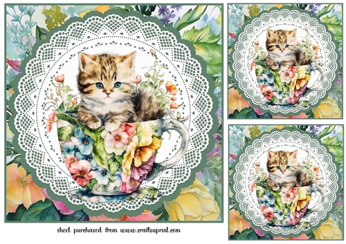 3 Tea cup kitty card fronts/toppers 4