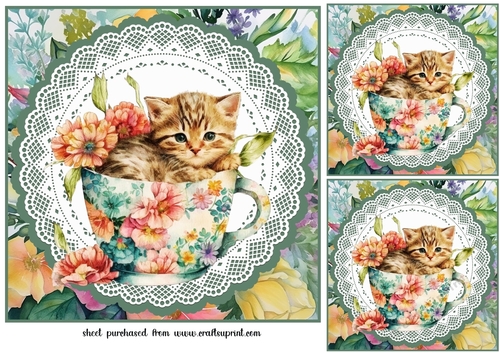 3 Tea cup kitty card fronts/toppers 5