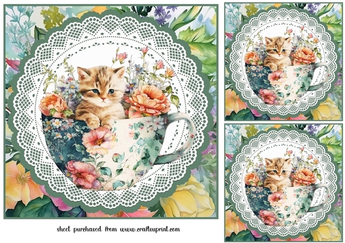 3 Tea cup kitty card fronts/toppers 6