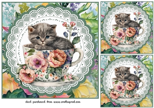 3 Tea cup kitty card fronts/toppers 7