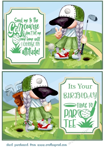 2 Female golfer gnome card fronts/toppers 1