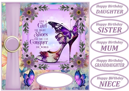 Purple butterfly shoe card front 1