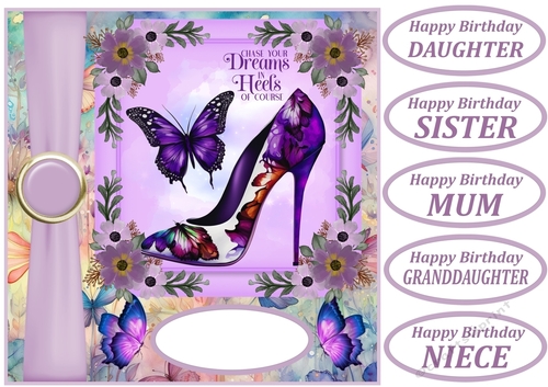Purple butterfly shoe card front 2