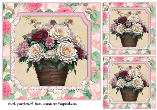 3 Pink vintage rose basket card fronts/toppers 2