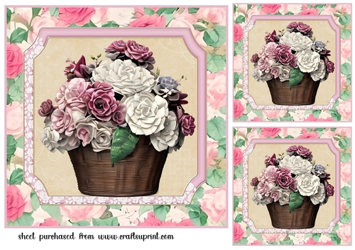 3 Pink vintage rose basket card fronts/toppers 3