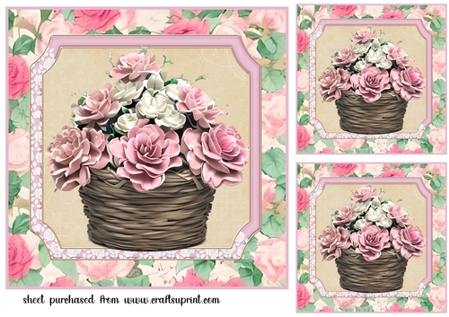 3 Pink vintage rose basket card fronts/toppers 4