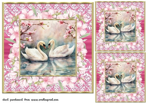 3 Cherry blossom swans card fronts/toppers 1