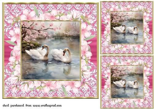 3 Cherry blossom swans card fronts/toppers 3