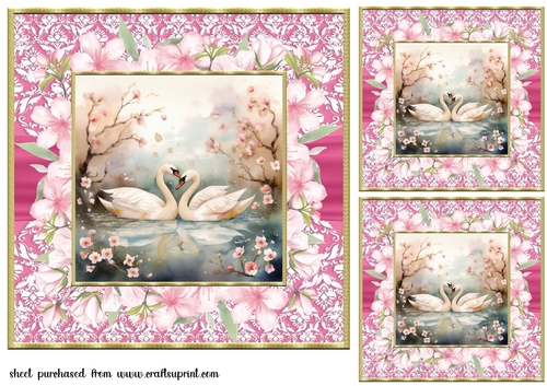 3 Cherry blossom swans card fronts/toppers 6