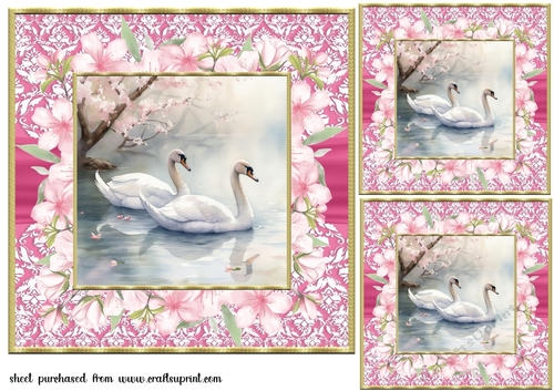 3 Cherry blossom swans card fronts/toppers 7