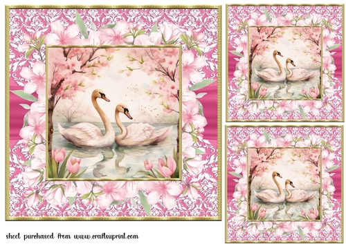 3 Cherry blossom swans card fronts/toppers 9