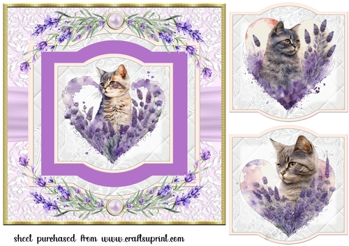 Lavender heart cat card front 3