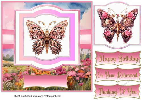 Pink steampunk butterfly card front 1