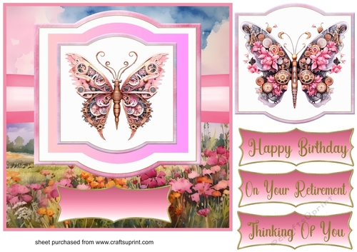 Pink steampunk butterfly card front 2