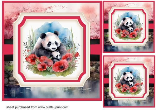 3 Floral red panda card fronts/toppers 3