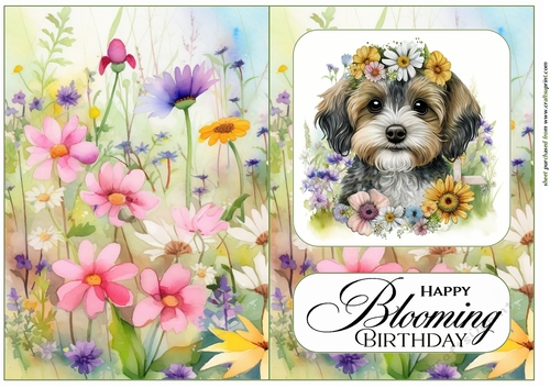 Floral pup Birthday cut and fold card 1