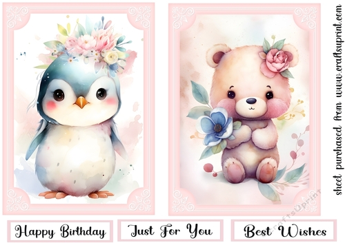 2 Cute pink floral animal card fronts (7x5 aprox) 1