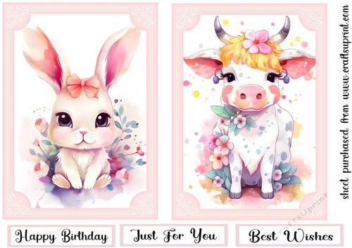 2 Cute pink floral animal card fronts (7x5 aprox) 2