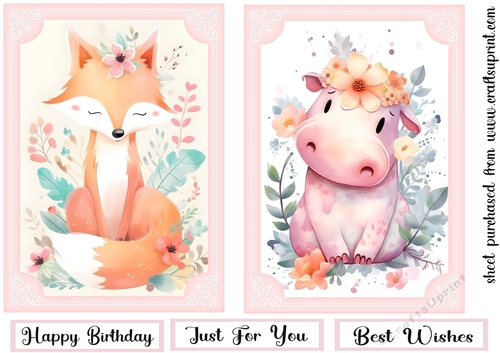 2 Cute pink floral animal card fronts (7x5 aprox) 4