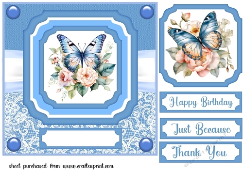 Blue floral butterfly single panel card front 1