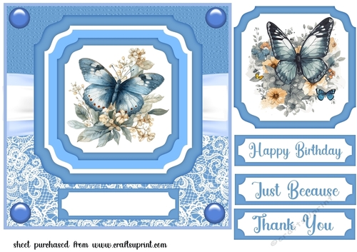 Blue floral butterfly single panel card front 2