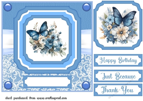Blue floral butterfly single panel card front 8