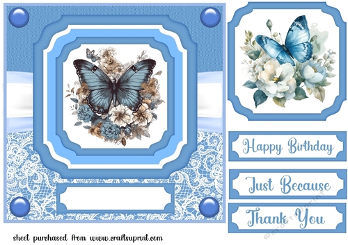 Blue floral butterfly single panel card front 9