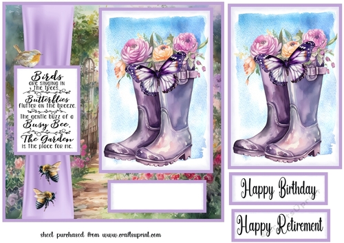 Purple floral wellies card front 