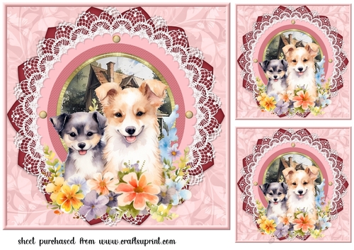 3 Framed floral puppies card front/toppers 2