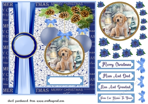 Blue Christmas pup card front 1