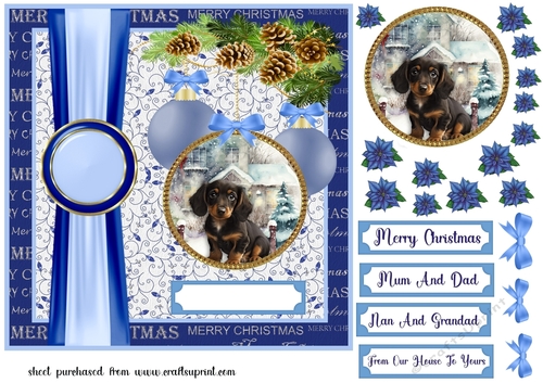 Blue Christmas pup card front 2