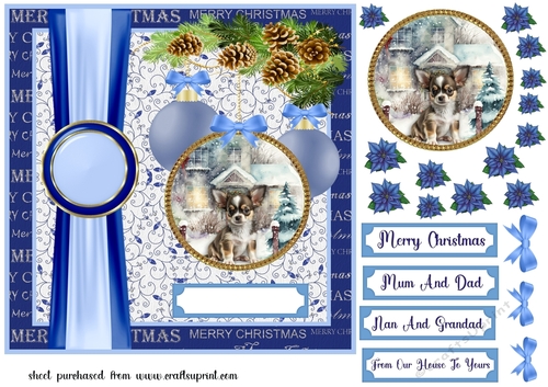 Blue Christmas pup card front 3