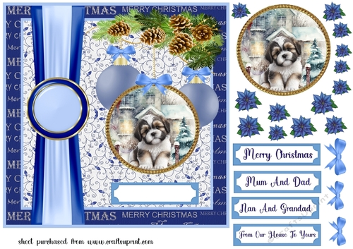 Blue Christmas pup card front 7