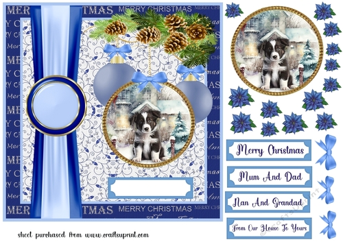 Blue Christmas pup card front 16