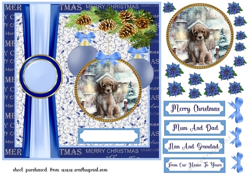 Blue Christmas pup card front 19