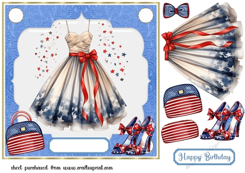 Red white and blue ladies dress and accessories card front