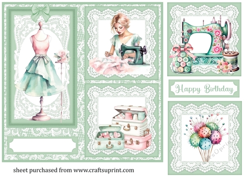 Green lace 3 panel sewing themed card front 1