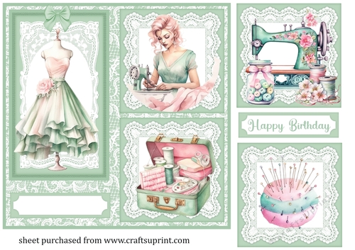 Green lace 3 panel sewing themed card front 2