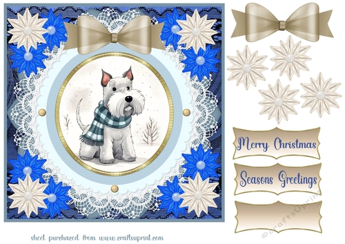 Blue and cream Christmas Scottie card front 3