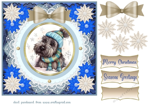 Blue and cream Christmas Scottie card front 4