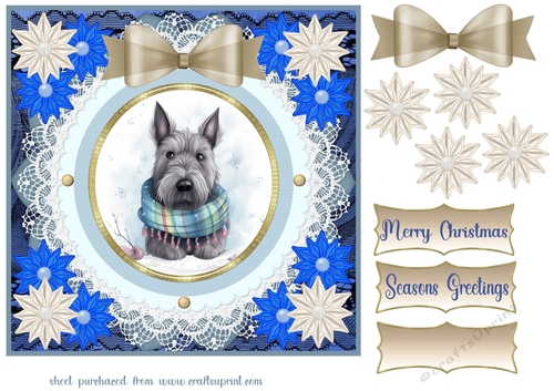 Blue and cream Christmas Scottie card front 5