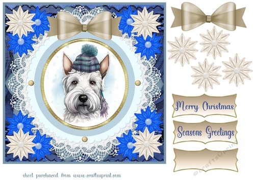 Blue and cream Christmas Scottie card front 6