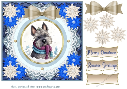 Blue and cream Christmas Scottie card front 7