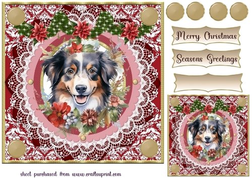 Red floral Christmas dog card front 2