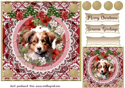Red floral Christmas dog card front 4