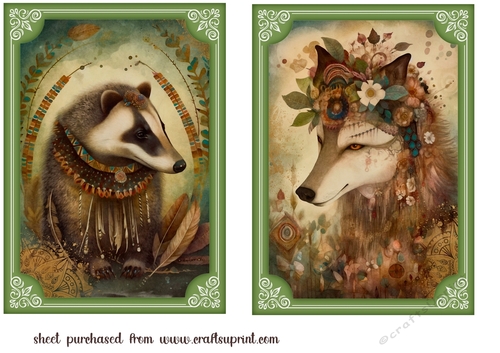 2 Green framed bohemian animal card fronts (7x5 aprox) 1